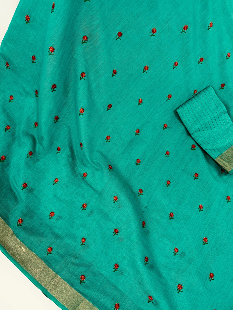 Rama Green Cotton Saree with small Emberiodery floral and tissue borders and Pallu | Cotton Sarees