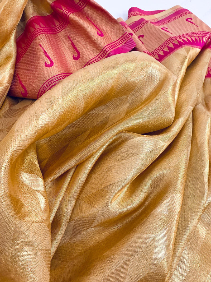 Statement Gold and Pink Paithani Banarasi Soft Silk Saree with  Gold Zari Weave | Banarasi Soft Saree | Paithani Sarees
