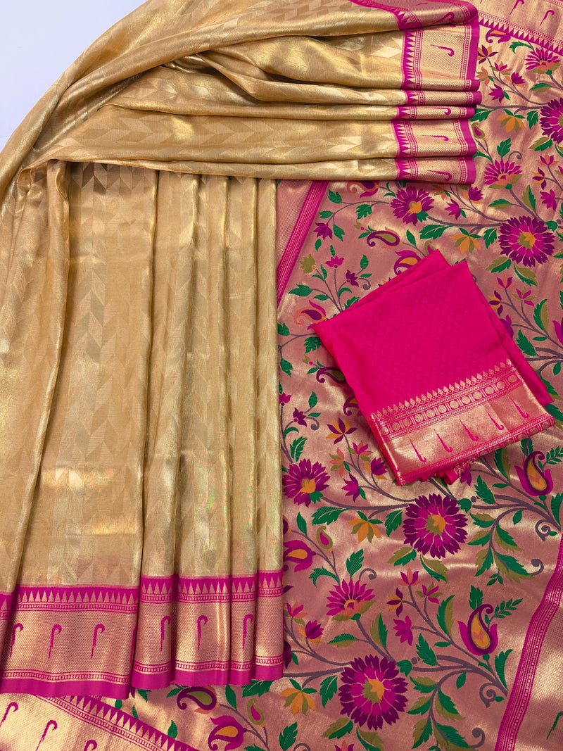 Statement Gold and Pink Paithani Banarasi Soft Silk Saree with  Gold Zari Weave | Banarasi Soft Saree | Paithani Sarees