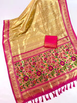 Statement Gold and Pink Paithani Banarasi Soft Silk Saree with  Gold Zari Weave | Banarasi Soft Saree | Paithani Sarees