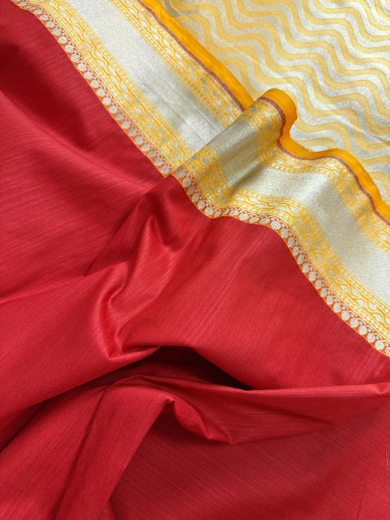 Red and Yellow Color Banarasi Tussar Silk Saree with Plain Body, Banarasi Borders and Gold Zari Weave