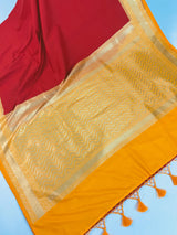Red and Yellow Color Banarasi Tussar Silk Saree with Plain Body, Banarasi Borders and Gold Zari Weave