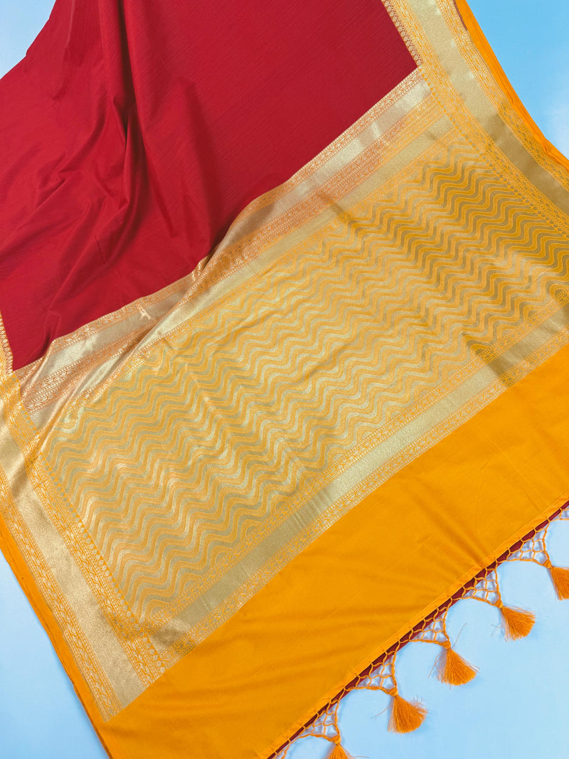 Red and Yellow Color Banarasi Tussar Silk Saree with Plain Body, Banarasi Borders and Gold Zari Weave