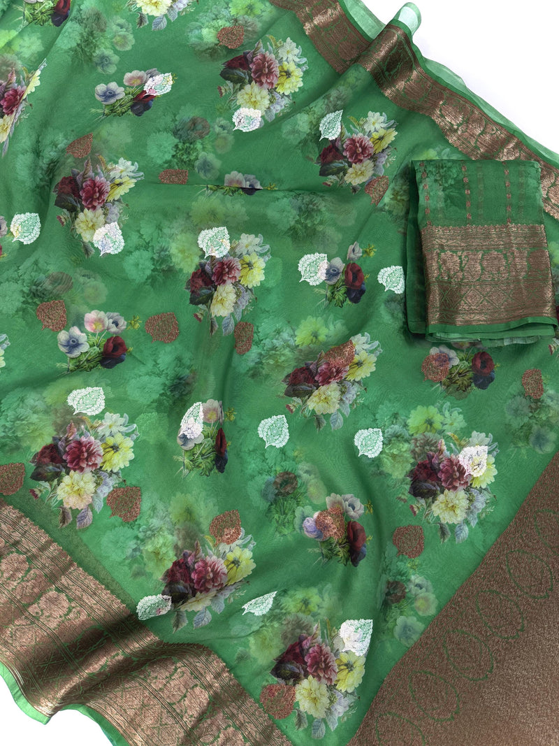 Green Pure Banarasi Kora Organza Handmade Saree with Antique and Sliver Zari | Light Weight Saree | Silk Mark Certified