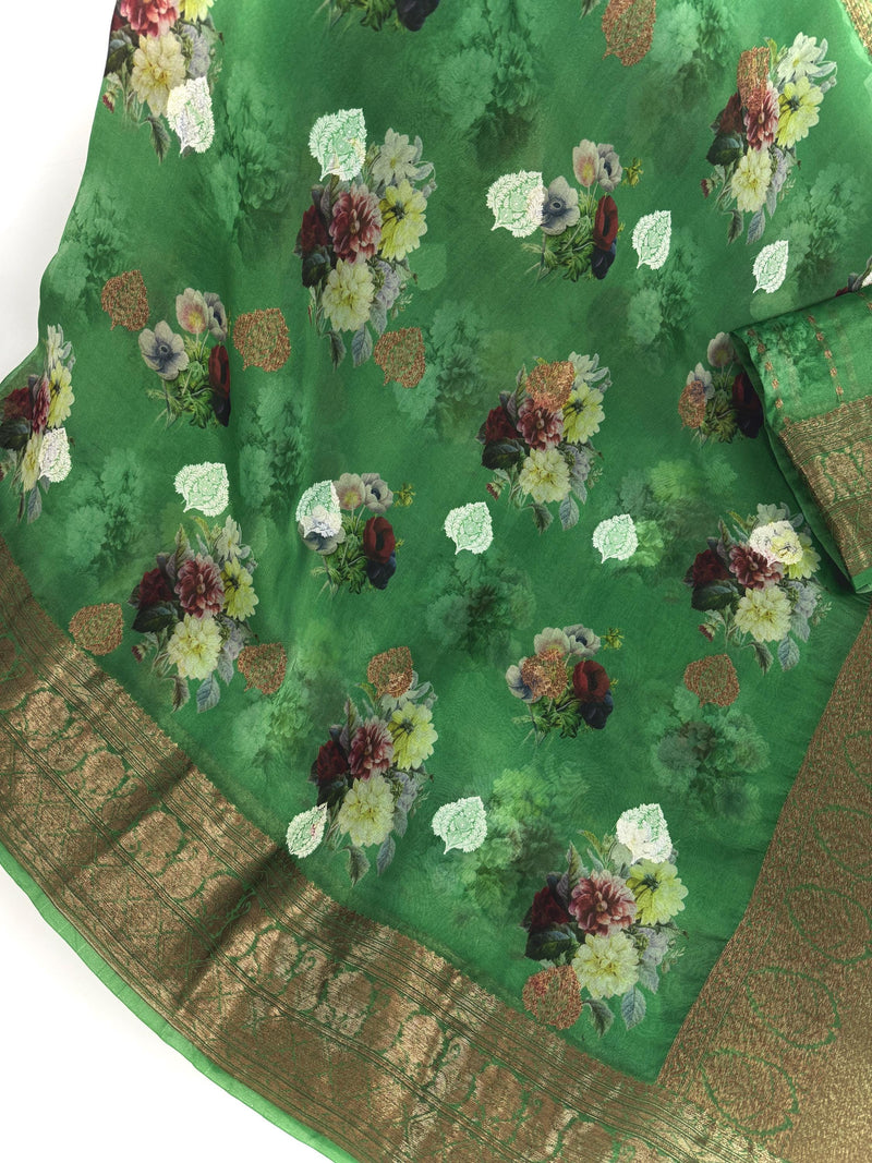 Green Pure Banarasi Kora Organza Handmade Saree with Antique and Sliver Zari | Light Weight Saree | Silk Mark Certified