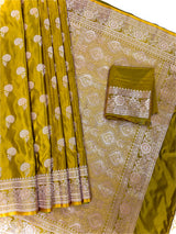 Statement Mehendi Green Color Semi Pure Banarasi Mashru Silk Saree | Mashru Silk Saree with Muted Gold Zari Weave | Ships from California