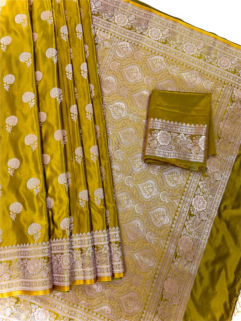 Statement Mehendi Green Color Semi Pure Banarasi Mashru Silk Saree | Mashru Silk Saree with Muted Gold Zari Weave | Ships from California