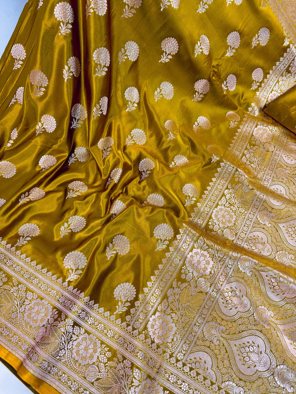 Statement Mehendi Green Color Semi Pure Banarasi Mashru Silk Saree | Mashru Silk Saree with Muted Gold Zari Weave | Ships from California