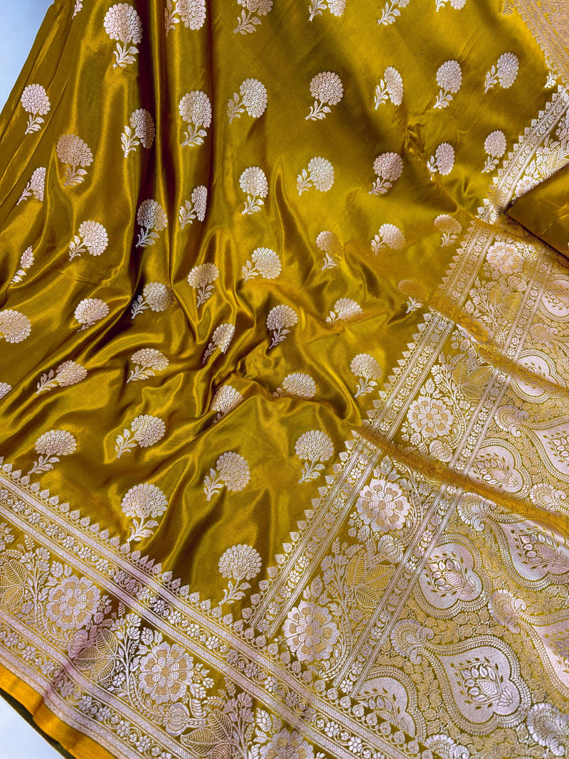Statement Mehendi Green Color Semi Pure Banarasi Mashru Silk Saree | Mashru Silk Saree with Muted Gold Zari Weave | Ships from California
