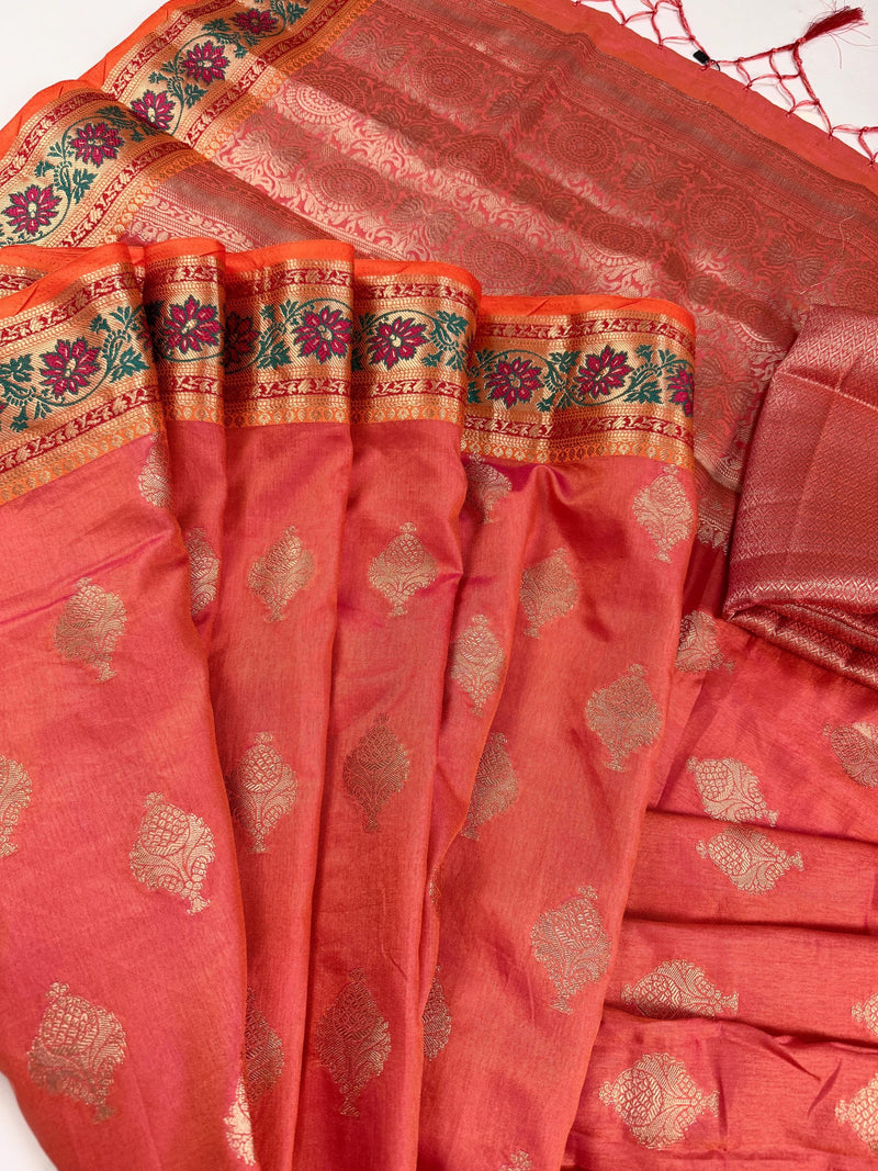 Peach Pink Dual Shade Soft Silk Saree with Paithani Style Borders | Muted Gold Zari Weave | Meenakari | Ships from California