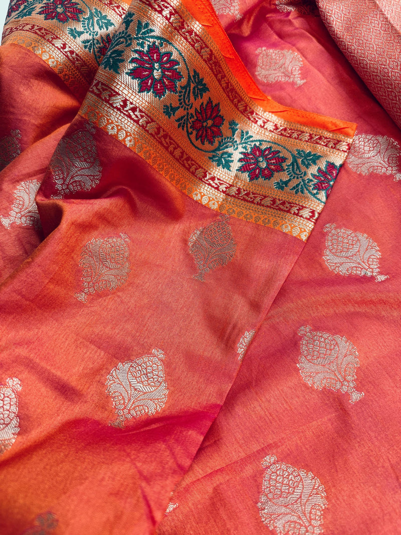 Peach Pink Dual Shade Soft Silk Saree with Paithani Style Borders | Muted Gold Zari Weave | Meenakari | Ships from California
