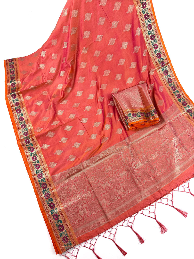 Peach Pink Dual Shade Soft Silk Saree with Paithani Style Borders | Muted Gold Zari Weave | Meenakari | Ships from California