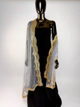 Grey Color Net Dupatta with Gold Zari, Sequin and Beads | Sequin Net Dupattas | Indian Dupatta for Lehanga