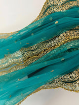 Teal Green Color Net Dupatta with Gold Zari, Sequin and Bead  | Sequin Dupatta | Indian Dupatta for Lehanga | Weddding, Party Wear Dupatta