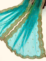 Teal Green Color Net Dupatta with Gold Zari, Sequin and Bead  | Sequin Dupatta | Indian Dupatta for Lehanga | Weddding, Party Wear Dupatta