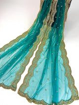 Teal Green Color Net Dupatta with Gold Zari, Sequin and Bead  | Sequin Dupatta | Indian Dupatta for Lehanga | Weddding, Party Wear Dupatta
