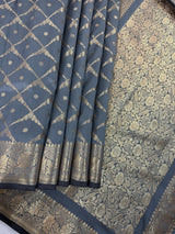 Slate Grey Color Banarasi Handloom Semi Soft Silk Saree | Antique Gold Zari Weave
