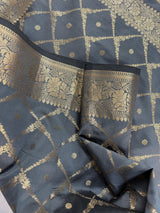 Slate Grey Color Banarasi Handloom Semi Soft Silk Saree | Antique Gold Zari Weave