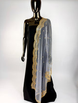 Grey Color Net Dupatta with Gold Zari, Sequin and Beads | Sequin Net Dupattas | Indian Dupatta for Lehanga