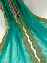Teal Green Color Net Dupatta with Gold Zari, Sequin and Bead  | Sequin Dupatta | Indian Dupatta for Lehanga | Weddding, Party Wear Dupatta