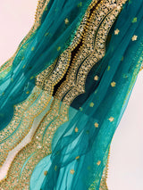 Teal Green Color Net Dupatta with Gold Zari, Sequin and Bead  | Sequin Dupatta | Indian Dupatta for Lehanga | Weddding, Party Wear Dupatta