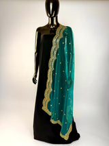 Teal Green Color Net Dupatta with Gold Zari, Sequin and Bead  | Sequin Dupatta | Indian Dupatta for Lehanga | Weddding, Party Wear Dupatta