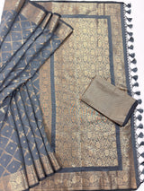 Slate Grey Color Banarasi Handloom Semi Soft Silk Saree | Antique Gold Zari Weave
