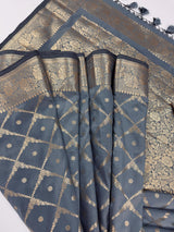Slate Grey Color Banarasi Handloom Semi Soft Silk Saree | Antique Gold Zari Weave
