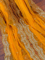 Yellow Net Dupatta, Gold Zari Sequin Beads, Indian Wedding Lehenga