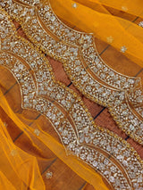Yellow Net Dupatta, Gold Zari Sequin Beads, Indian Wedding Lehenga