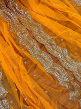Yellow Net Dupatta, Gold Zari Sequin Beads, Indian Wedding Lehenga