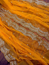 Yellow Net Dupatta, Gold Zari Sequin Beads, Indian Wedding Lehenga