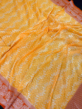 Mango Yellow and Orange Banarasi Silk Saree | Muted Gold Zari Weave
