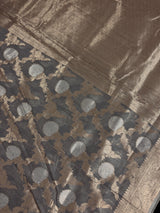 Grey Color Linen Silk Saree | Banarasi Border, Floral Jaal Weave
