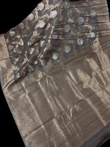 Grey Color Linen Silk Saree | Banarasi Border, Floral Jaal Weave