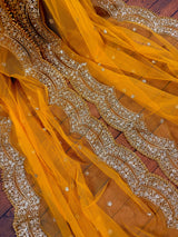 Yellow Net Dupatta, Gold Zari Sequin Beads, Indian Wedding Lehenga