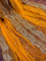 Yellow Net Dupatta, Gold Zari Sequin Beads, Indian Wedding Lehenga