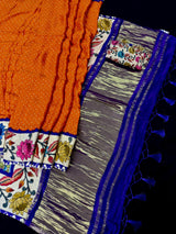 Orange and Purple Gajji Silk Saree | Bandhej bandhani and with Floral Prints