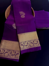 Purple Pure Kanjivaram Kanchipuram Silk Saree | Muted Gold Zari  Weave | Peacock Motifs