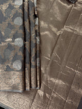 Grey Color Linen Silk Saree | Banarasi Border, Floral Jaal Weave