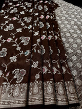 Brown Color Banarasi Handloom Semi Soft Silk Saree with Resham Zari and Meenakari Floral Jaal | Party Wear Sarees