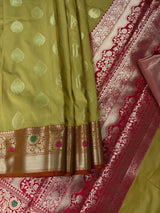 Statement Mehandi Green Banarasi Semi Katan Silk Saree | Handloom Saree | Muted Gold Zari Weaving