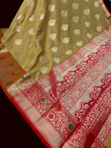 Statement Mehandi Green Banarasi Semi Katan Silk Saree | Handloom Saree | Muted Gold Zari Weaving