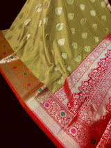 Statement Mehandi Green Banarasi Semi Katan Silk Saree | Handloom Saree | Muted Gold Zari Weaving