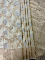 Ivory Linen Silk Saree | Banarasi Border, Floral Jaal Weave