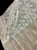 Ivory Linen Silk Saree | Banarasi Border, Floral Jaal Weave