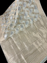 Ivory Linen Silk Saree | Banarasi Border, Floral Jaal Weave