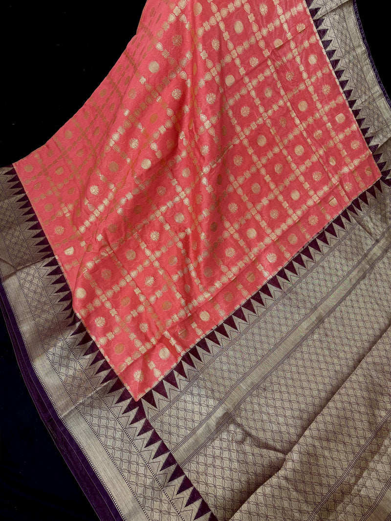 Handmade Coral and Purple Banarasi Silk Saree - Zari Weaving - No Blouse – Front View – Kaash Collection
