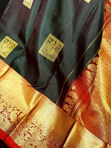 Dark Green Pure Kanjivaram Silk Saree with Gold Zari Weave Handwoven | Kanchipuram Pure Silk Sarees | SILK MARK CERTIFIED |