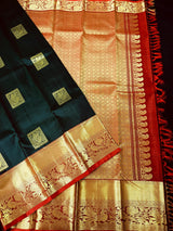 Dark Green Pure Kanjivaram Silk Saree with Gold Zari Weave Handwoven | Kanchipuram Pure Silk Sarees | SILK MARK CERTIFIED |